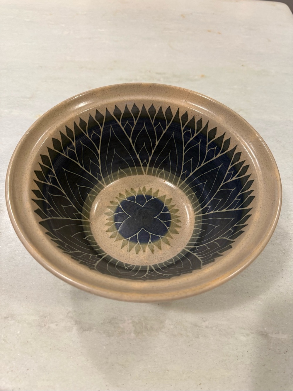 Sonny Fletcher Signed& Dated Handcrafted Tan and Navy Ceramic Bowl - Home Art